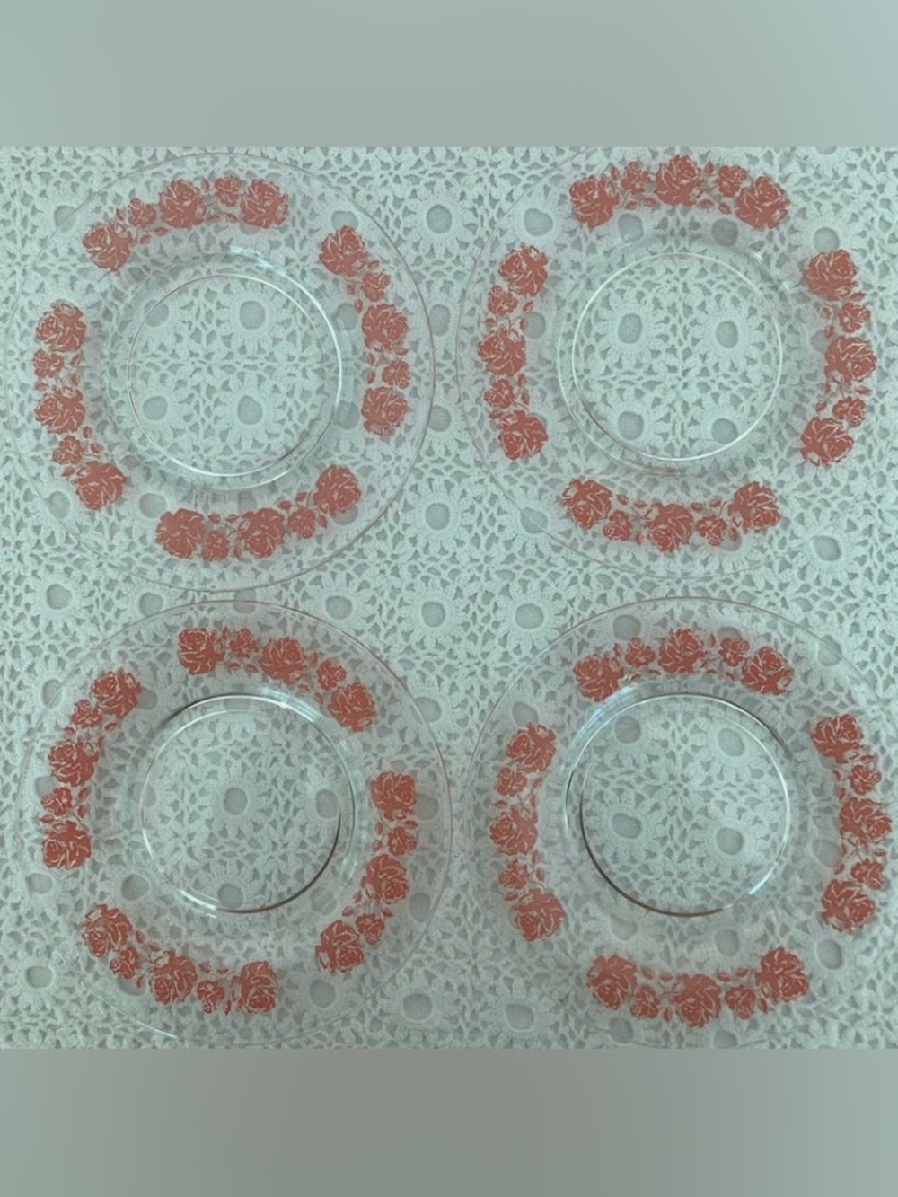 S/4 Vintage Glass Dessert Plates w/ Pink Roses